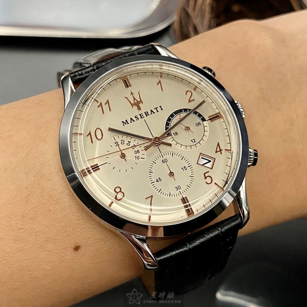 MASERATI:手錶,型號:R8871625006,男女通用錶42mm銀錶殼米黃色錶面真皮皮革錶帶款-細節圖4