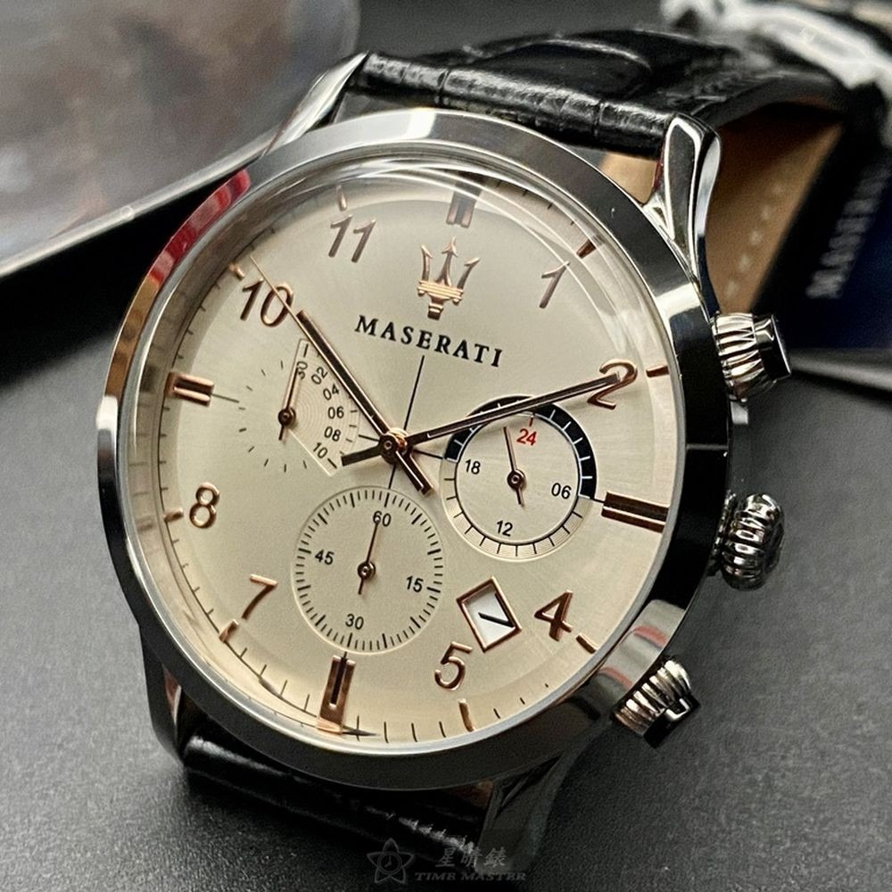 MASERATI:手錶,型號:R8871625006,男女通用錶42mm銀錶殼米黃色錶面真皮皮革錶帶款-細節圖7