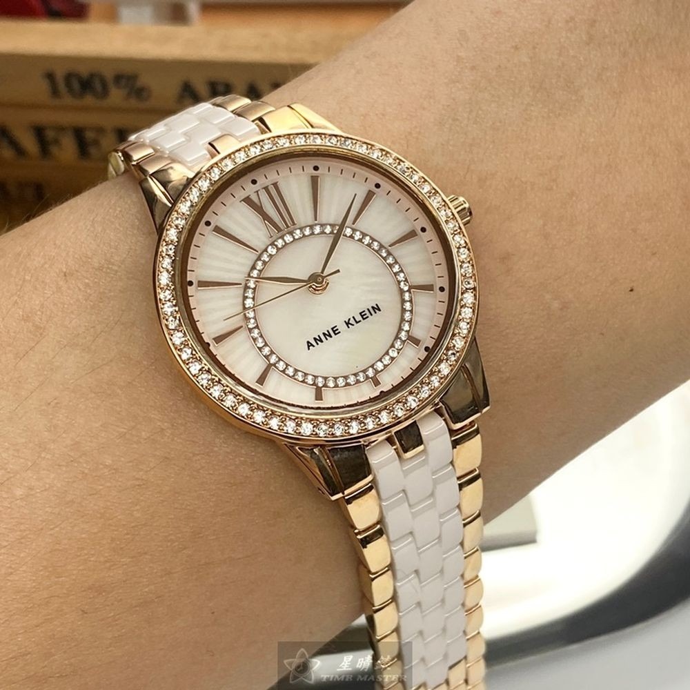 AnneKlein:手錶,型號:AN00611,女錶32mm玫瑰金錶殼粉色貝母錶面不鏽鋼陶瓷錶帶款-細節圖8