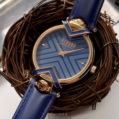VERSUS VERSACE:手錶,型號:VV00080,女錶34mm玫瑰金錶殼寶藍色錶面真皮皮革錶帶款