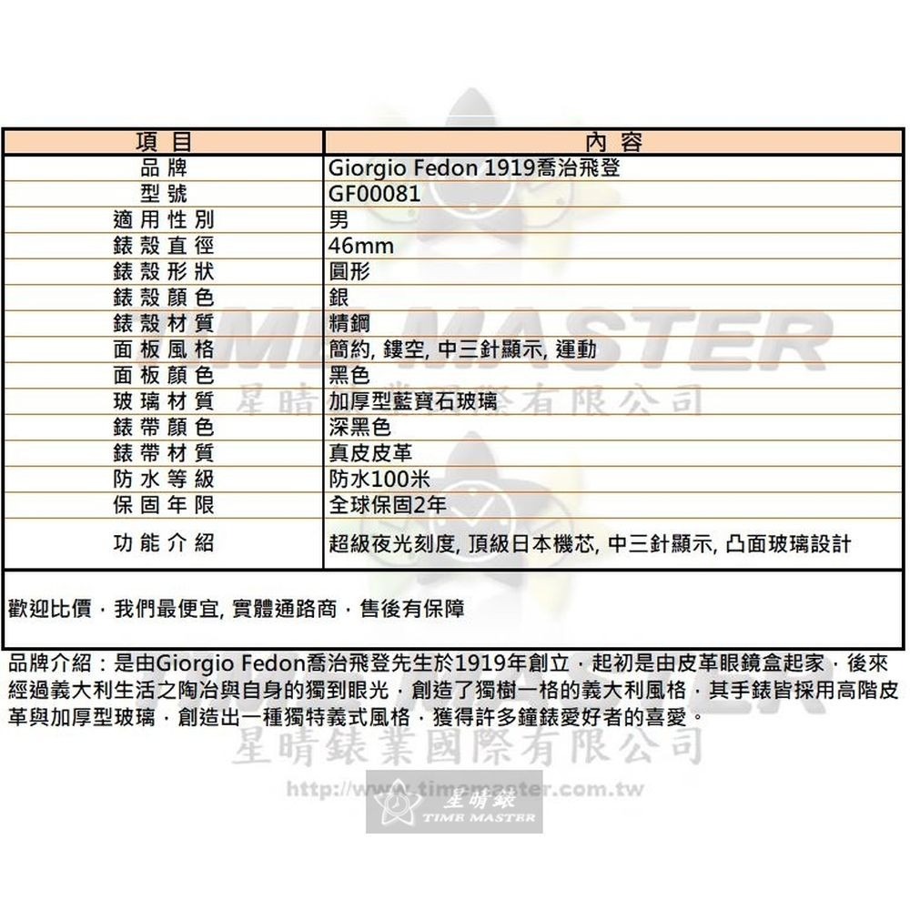 GiorgioFedon1919:手錶,型號:GF00081,男錶46mm銀錶殼黑色錶面真皮皮革錶帶款-細節圖10