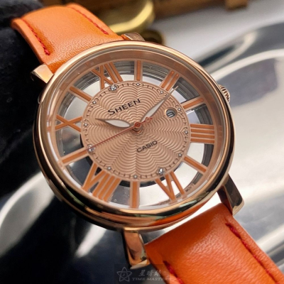 CASIO:手錶,型號:CA00006,女錶34mm玫瑰金錶殼玫瑰金色錶面真皮皮革錶帶款