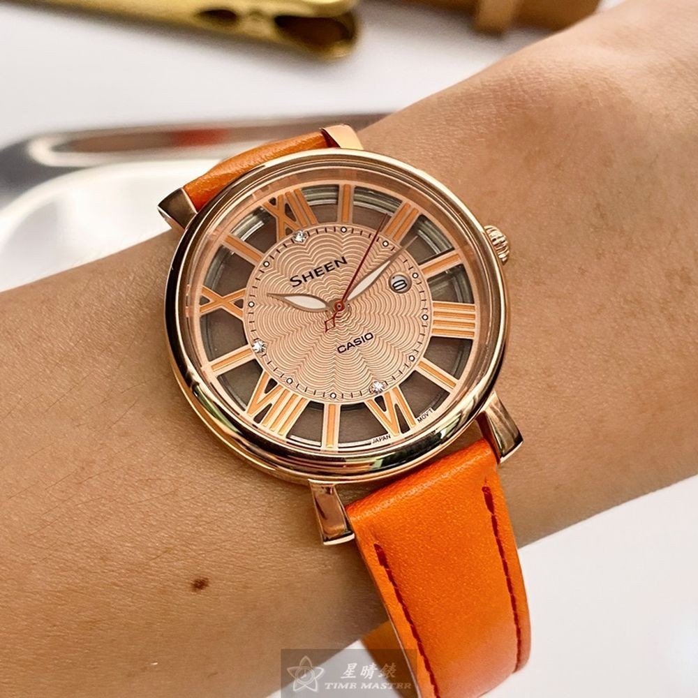 CASIO:手錶,型號:CA00006,女錶34mm玫瑰金錶殼玫瑰金色錶面真皮皮革錶帶款-細節圖3