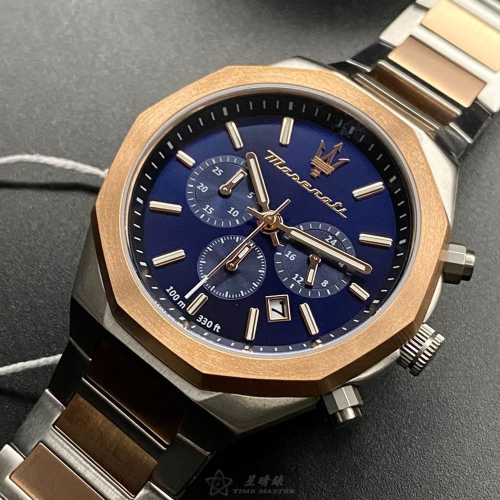 MASERATI:手錶,型號:R8873642002,男錶46mm玫瑰金錶殼寶藍色錶面精鋼錶帶款-細節圖3