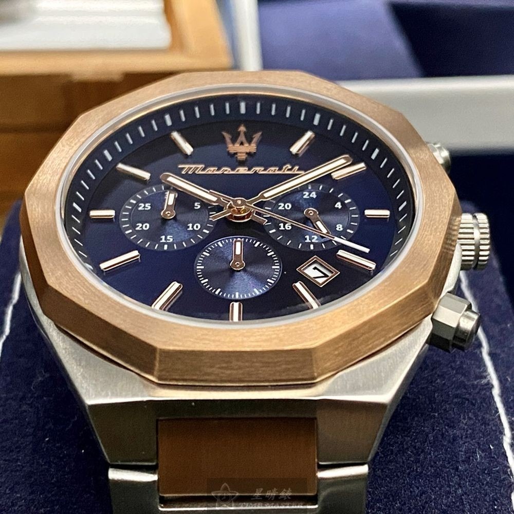 MASERATI:手錶,型號:R8873642002,男錶46mm玫瑰金錶殼寶藍色錶面精鋼錶帶款-細節圖5