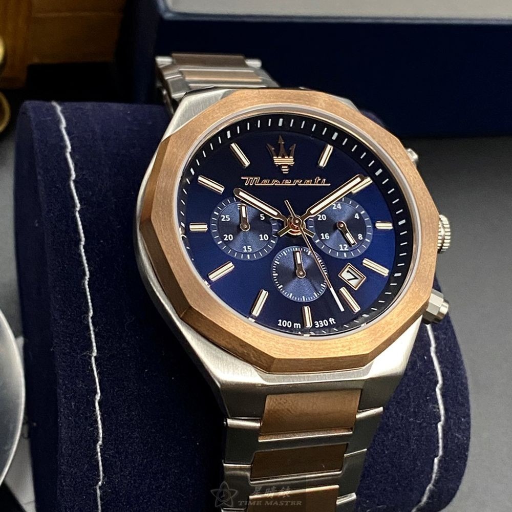 MASERATI:手錶,型號:R8873642002,男錶46mm玫瑰金錶殼寶藍色錶面精鋼錶帶款-細節圖6