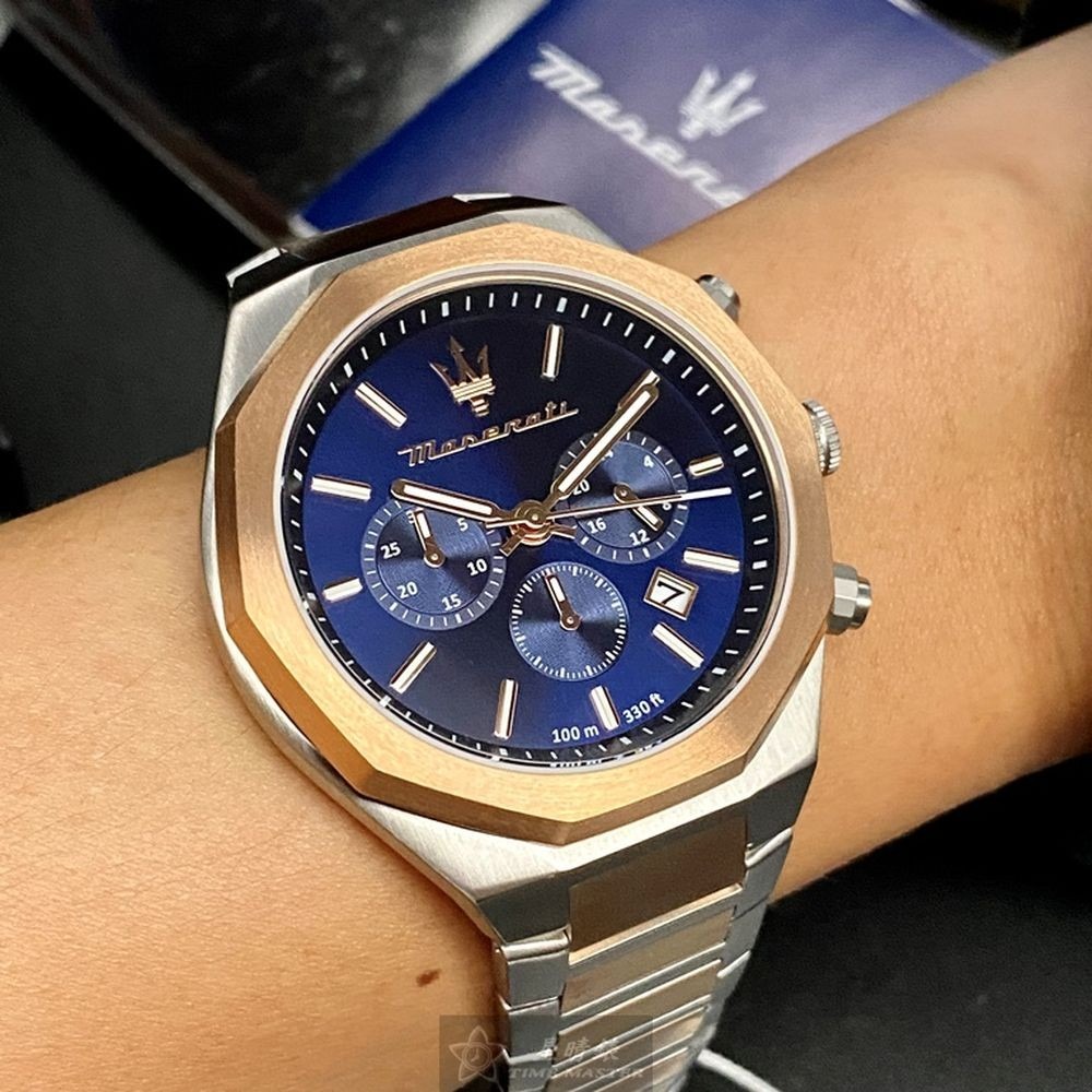 MASERATI:手錶,型號:R8873642002,男錶46mm玫瑰金錶殼寶藍色錶面精鋼錶帶款-細節圖7