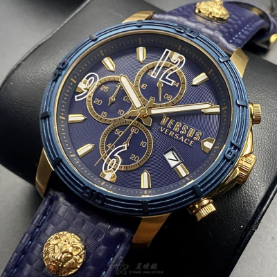 VERSUS VERSACE:手錶,型號:VV00165,男錶46mm寶藍錶殼寶藍色錶面真皮皮革錶帶款