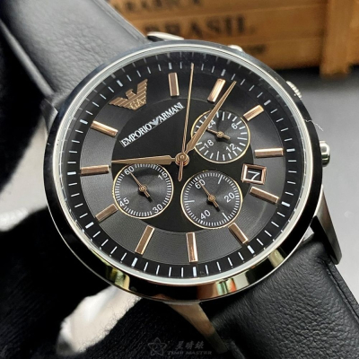 ARMANI:手錶,型號:AR00015,男錶43mm銀錶殼黑色錶面真皮皮革錶帶款