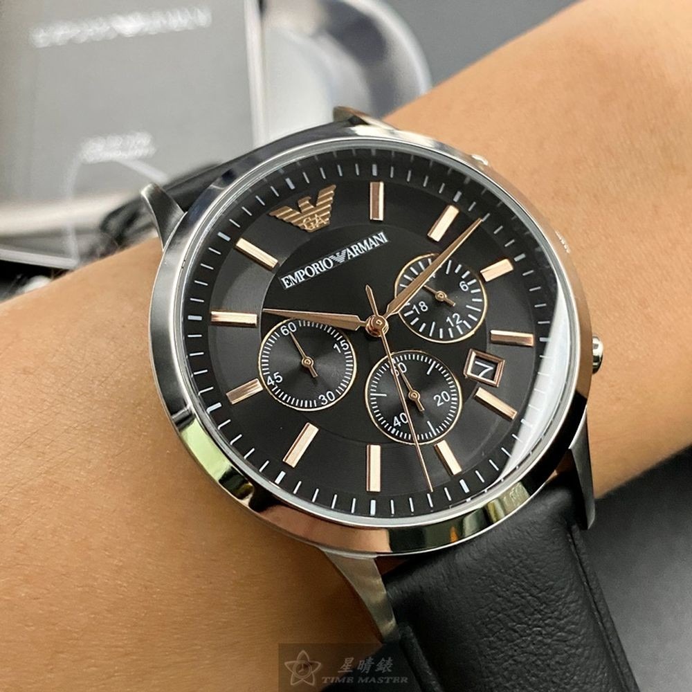 ARMANI:手錶,型號:AR00015,男錶43mm銀錶殼黑色錶面真皮皮革錶帶款-細節圖3