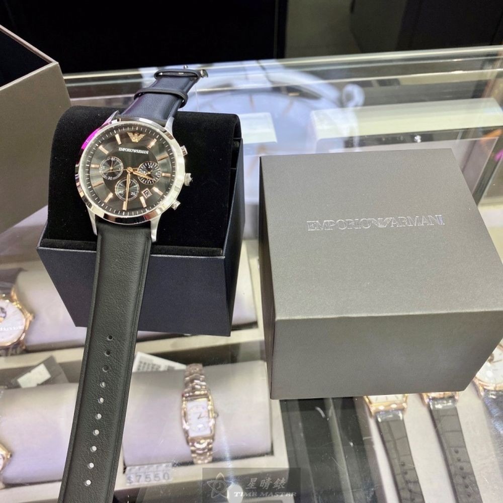 ARMANI:手錶,型號:AR00015,男錶43mm銀錶殼黑色錶面真皮皮革錶帶款-細節圖4