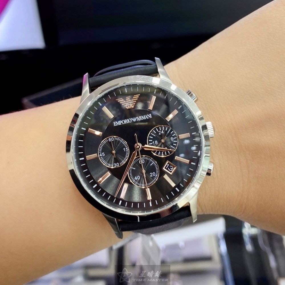 ARMANI:手錶,型號:AR00015,男錶43mm銀錶殼黑色錶面真皮皮革錶帶款-細節圖7