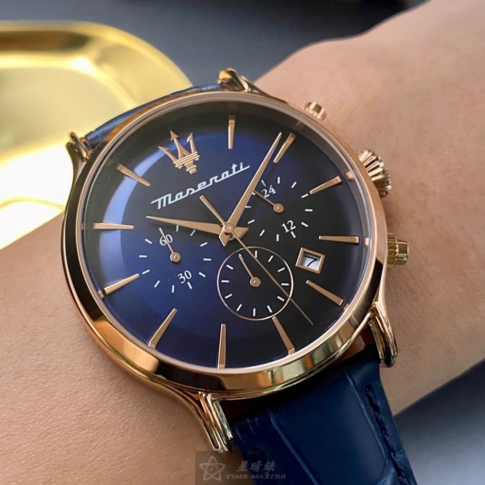 MASERATI:手錶,型號:R8871618013,男女通用錶42mm玫瑰金錶殼寶藍色錶面真皮皮革錶帶款-細節圖2