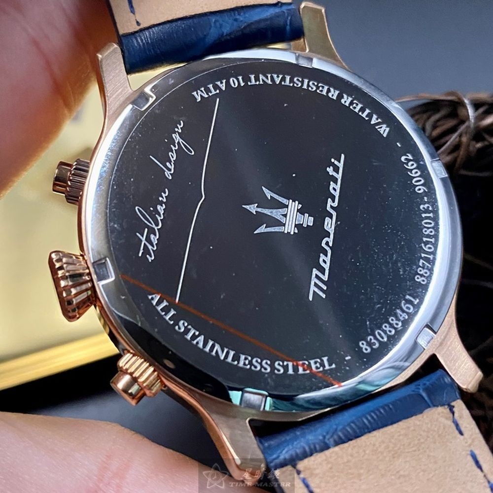 MASERATI:手錶,型號:R8871618013,男女通用錶42mm玫瑰金錶殼寶藍色錶面真皮皮革錶帶款-細節圖3