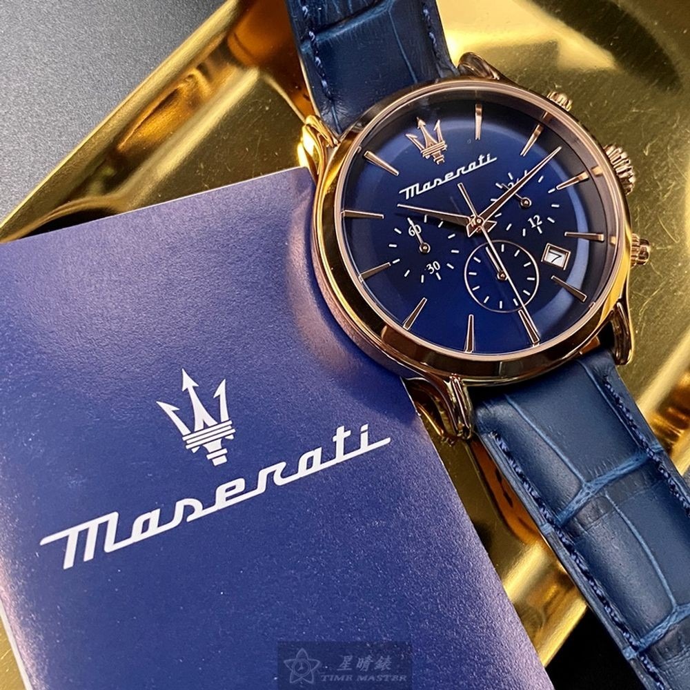 MASERATI:手錶,型號:R8871618013,男女通用錶42mm玫瑰金錶殼寶藍色錶面真皮皮革錶帶款-細節圖4