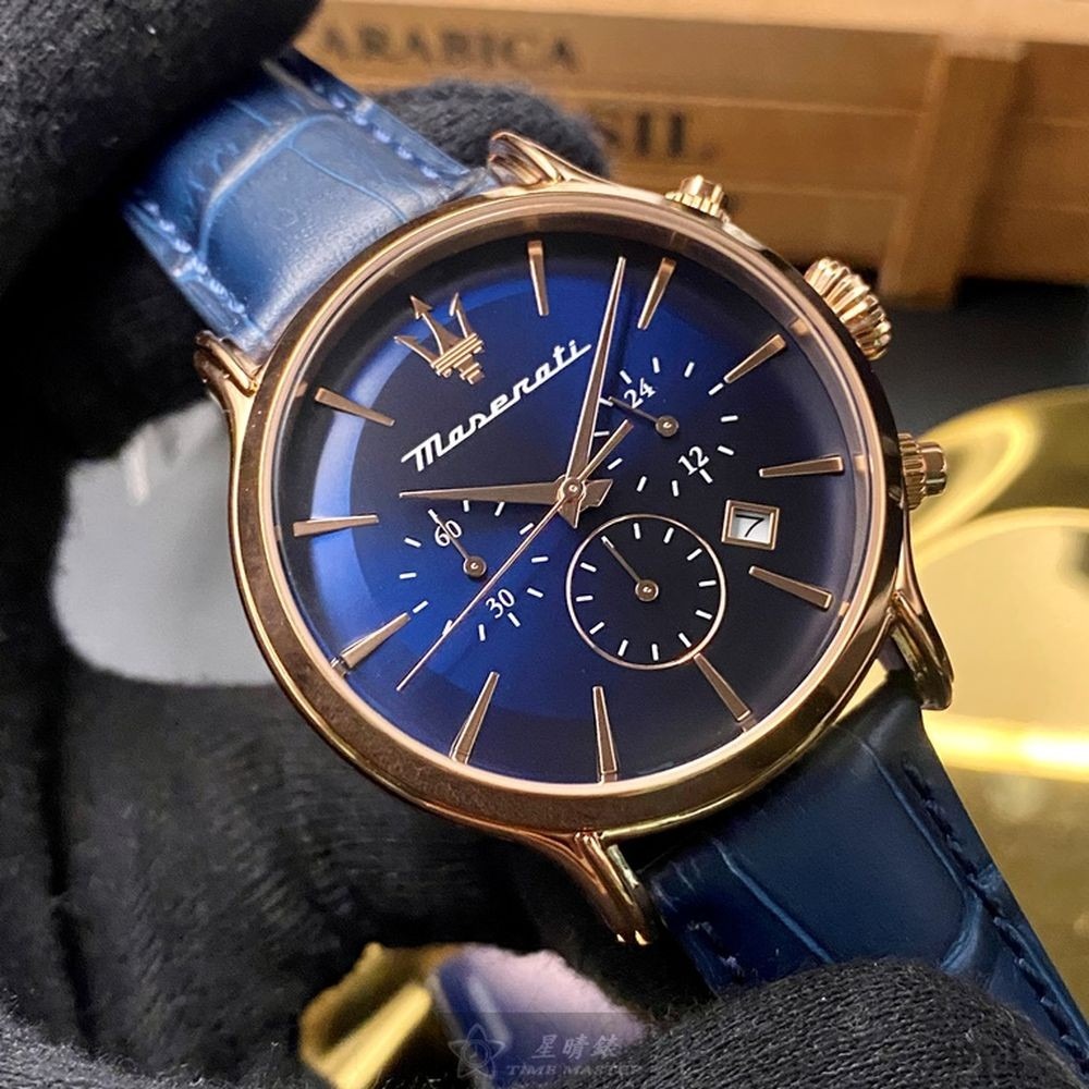 MASERATI:手錶,型號:R8871618013,男女通用錶42mm玫瑰金錶殼寶藍色錶面真皮皮革錶帶款-細節圖5