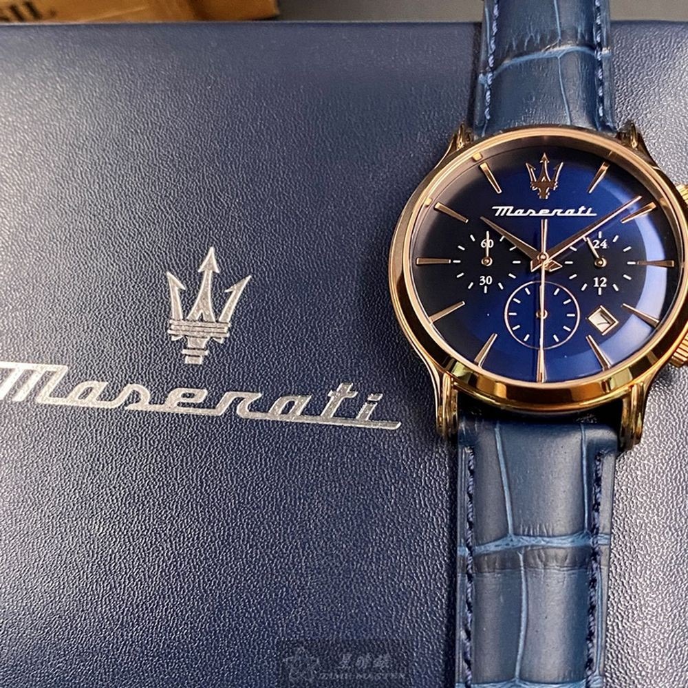 MASERATI:手錶,型號:R8871618013,男女通用錶42mm玫瑰金錶殼寶藍色錶面真皮皮革錶帶款-細節圖8