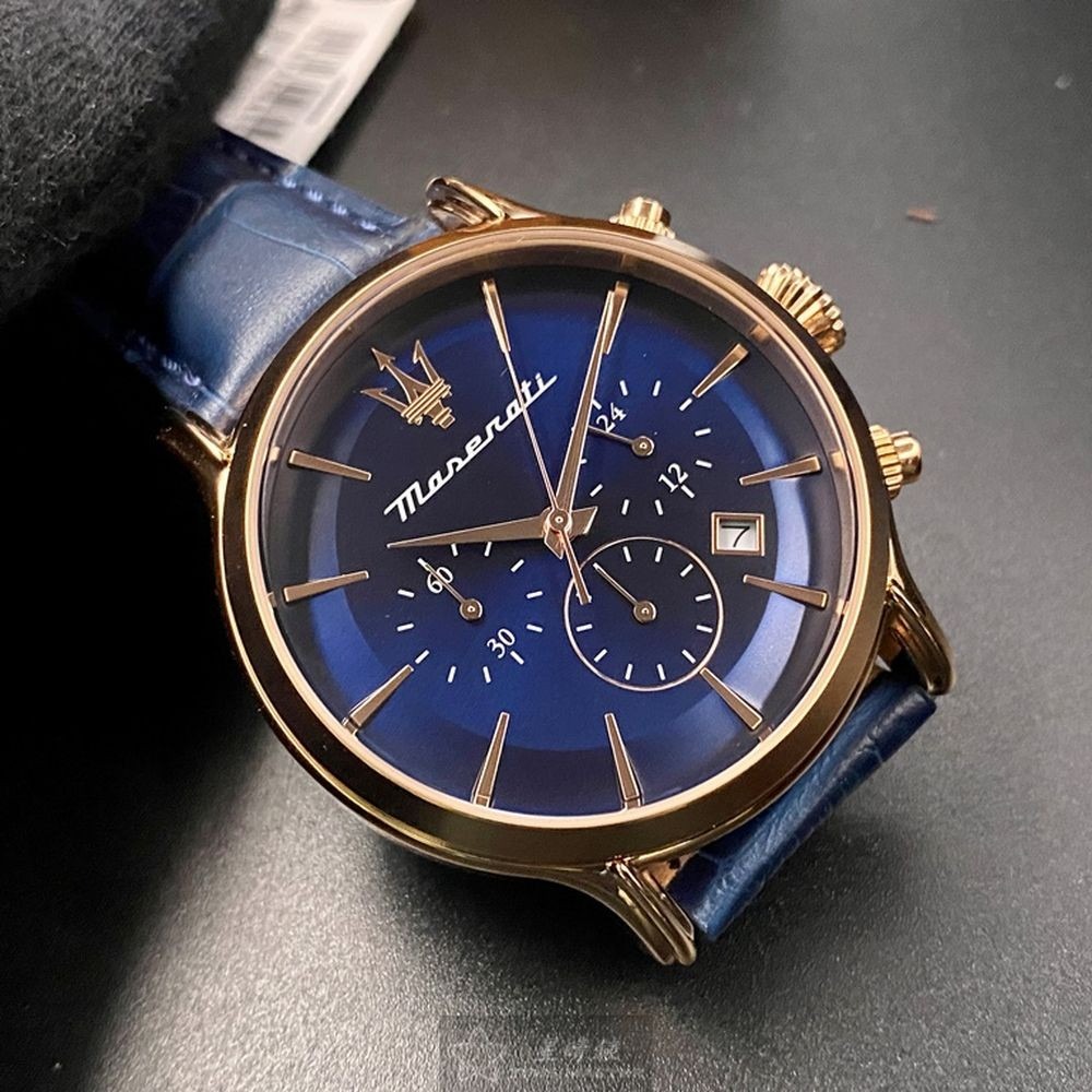 MASERATI:手錶,型號:R8871618013,男女通用錶42mm玫瑰金錶殼寶藍色錶面真皮皮革錶帶款-細節圖9