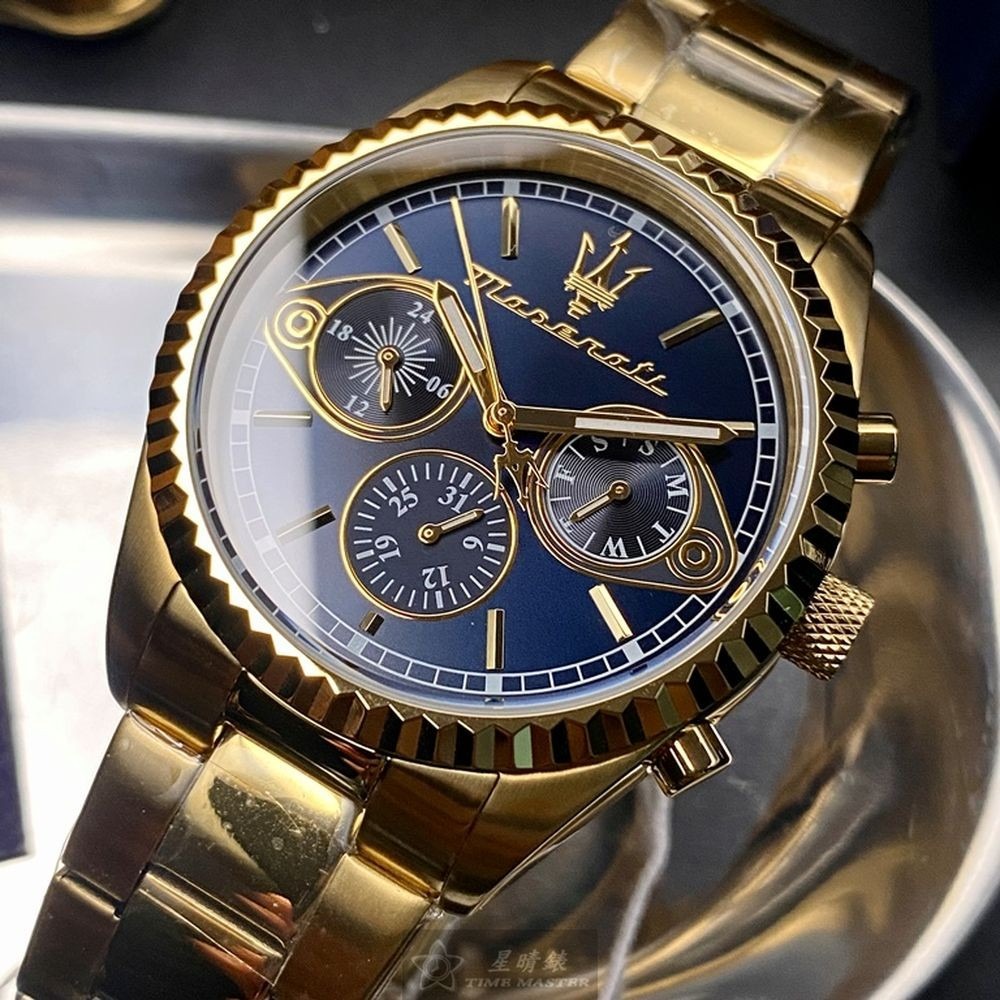 MASERATI:手錶,型號:R8853100026,男錶42mm金色錶殼寶藍色錶面精鋼錶帶款-細節圖2