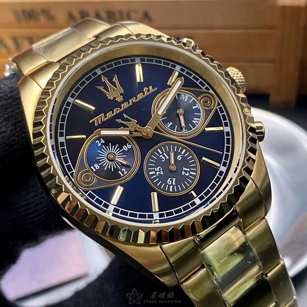 MASERATI:手錶,型號:R8853100026,男錶42mm金色錶殼寶藍色錶面精鋼錶帶款-細節圖3