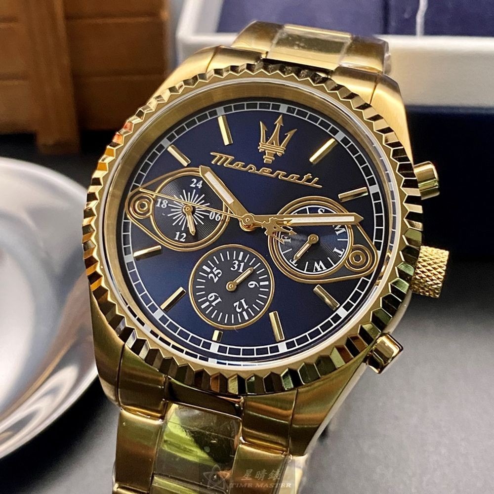 MASERATI:手錶,型號:R8853100026,男錶42mm金色錶殼寶藍色錶面精鋼錶帶款-細節圖6