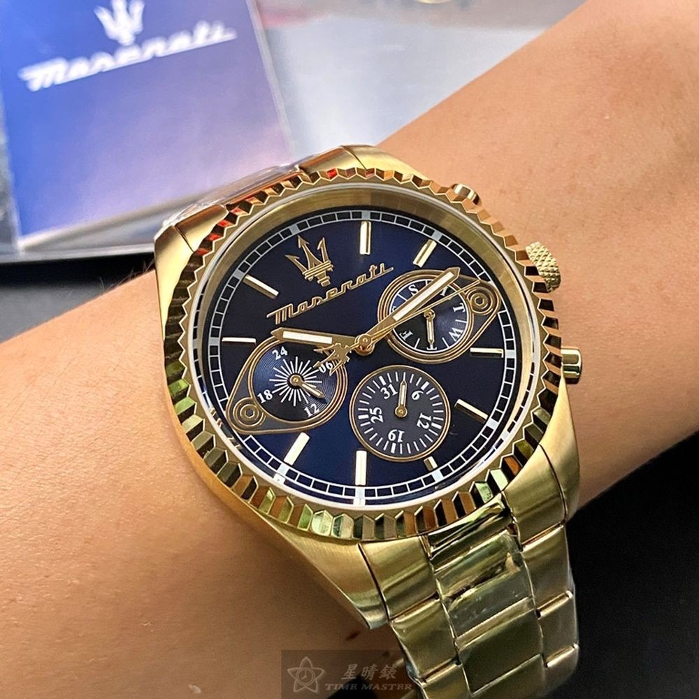 MASERATI:手錶,型號:R8853100026,男錶42mm金色錶殼寶藍色錶面精鋼錶帶款-細節圖7