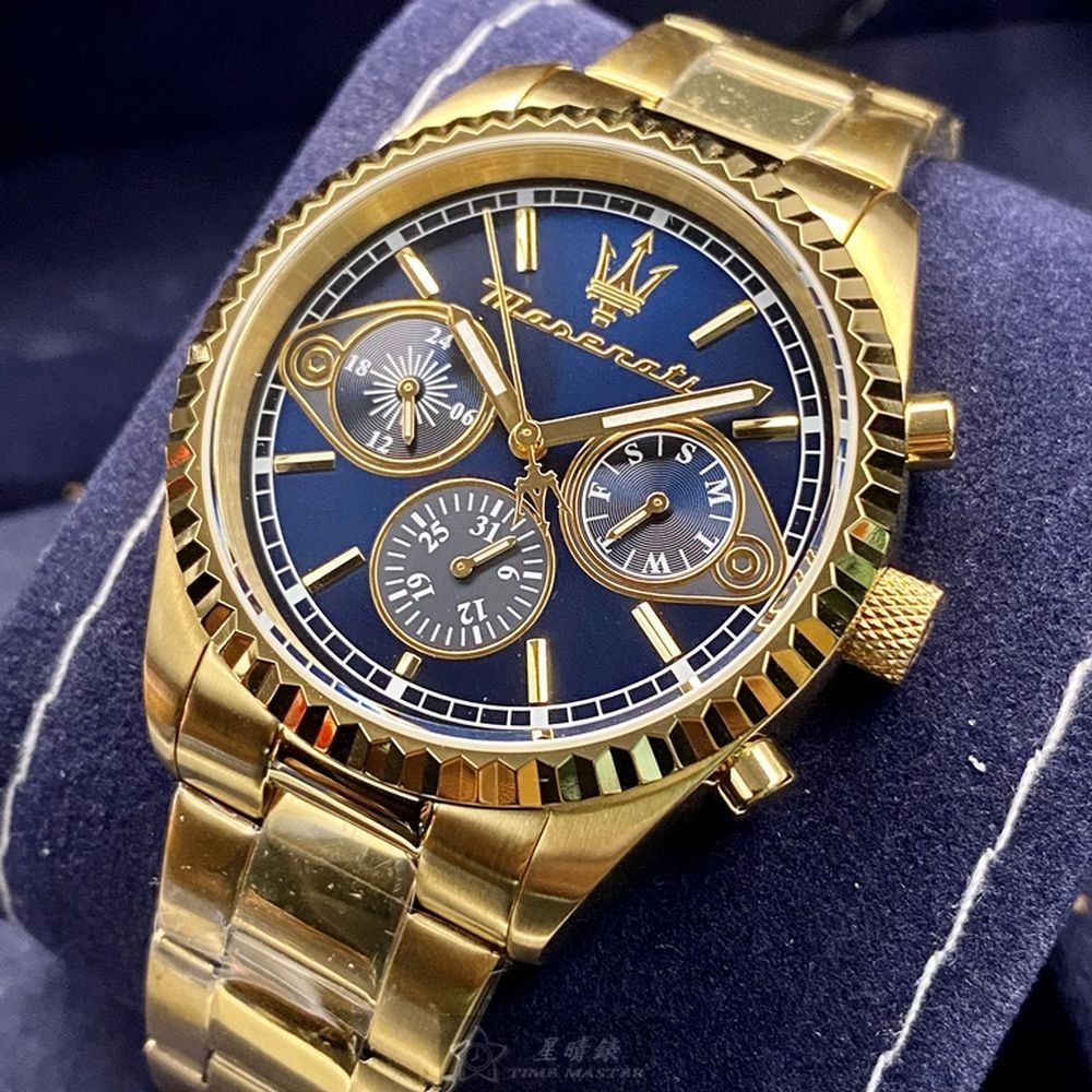 MASERATI:手錶,型號:R8853100026,男錶42mm金色錶殼寶藍色錶面精鋼錶帶款-細節圖8