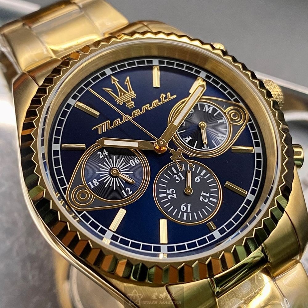 MASERATI:手錶,型號:R8853100026,男錶42mm金色錶殼寶藍色錶面精鋼錶帶款-細節圖9