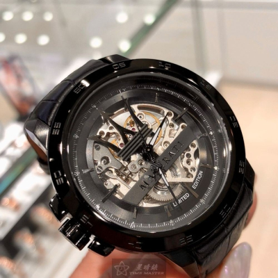 MASERATI:手錶,型號:R8821119006,男錶46mm黑錶殼機械鏤空錶面真皮皮革錶帶款