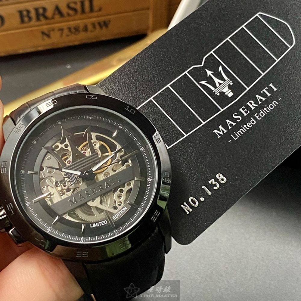 MASERATI:手錶,型號:R8821119006,男錶46mm黑錶殼機械鏤空錶面真皮皮革錶帶款-細節圖2