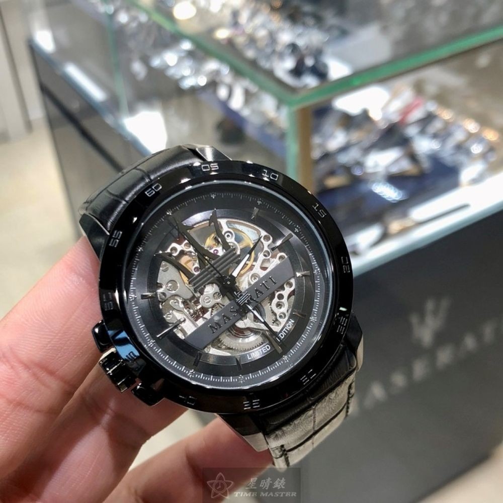 MASERATI:手錶,型號:R8821119006,男錶46mm黑錶殼機械鏤空錶面真皮皮革錶帶款-細節圖5