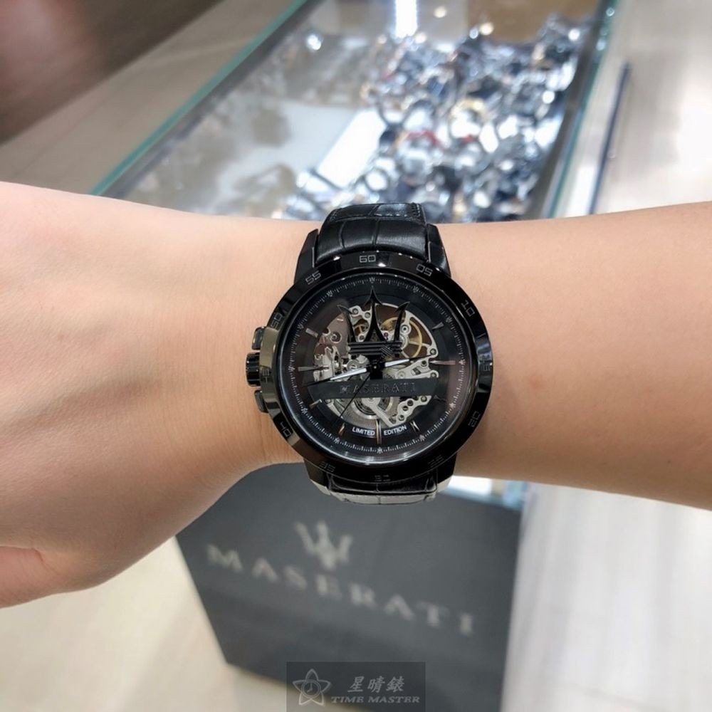 MASERATI:手錶,型號:R8821119006,男錶46mm黑錶殼機械鏤空錶面真皮皮革錶帶款-細節圖6