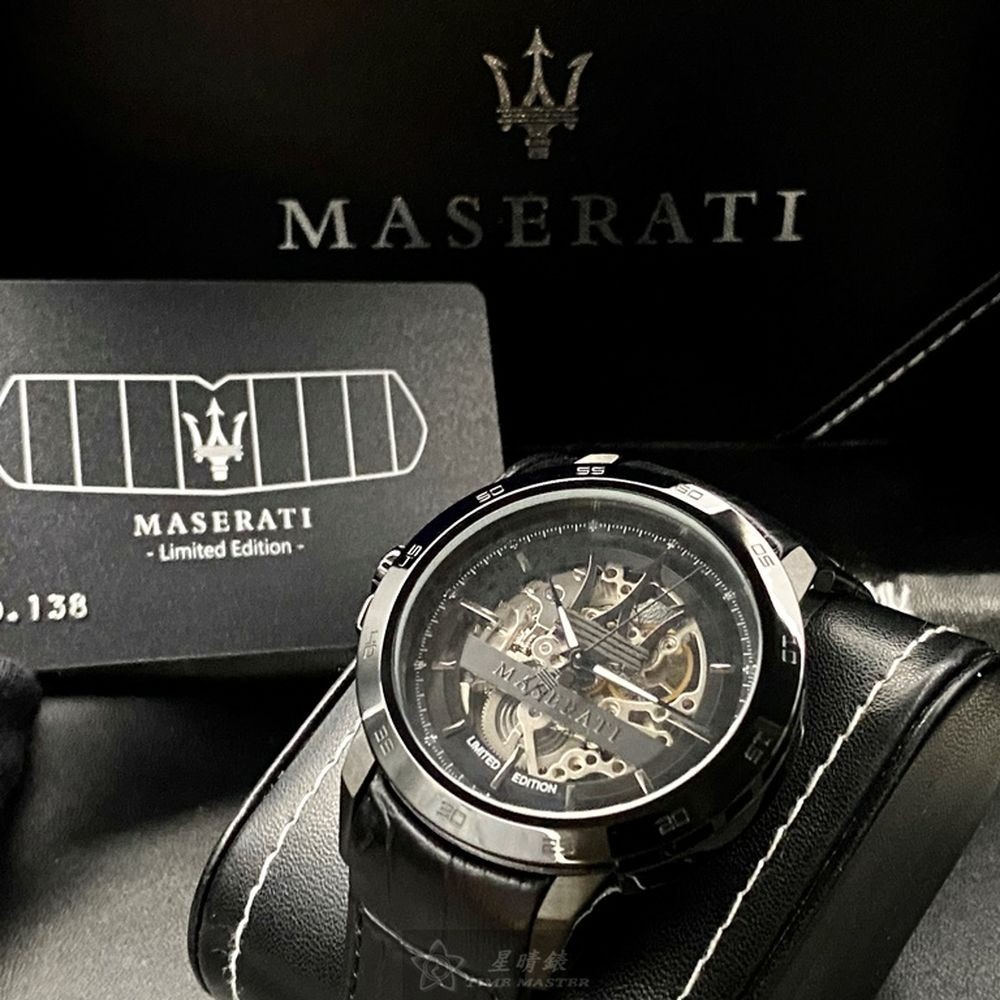 MASERATI:手錶,型號:R8821119006,男錶46mm黑錶殼機械鏤空錶面真皮皮革錶帶款-細節圖8