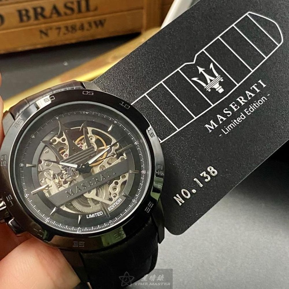 MASERATI:手錶,型號:R8821119006,男錶46mm黑錶殼機械鏤空錶面真皮皮革錶帶款-細節圖9