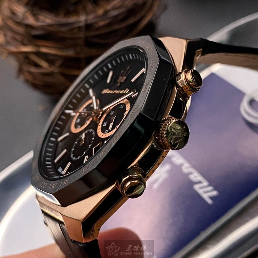 MASERATI:手錶,型號:R8871642001,男女通用錶46mm玫瑰金錶殼黑色錶面真皮皮革錶帶款-細節圖4