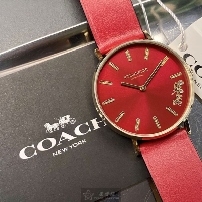 COACH:手錶,型號:CH00116,女錶36mm玫瑰金錶殼大紅色錶面真皮皮革錶帶款