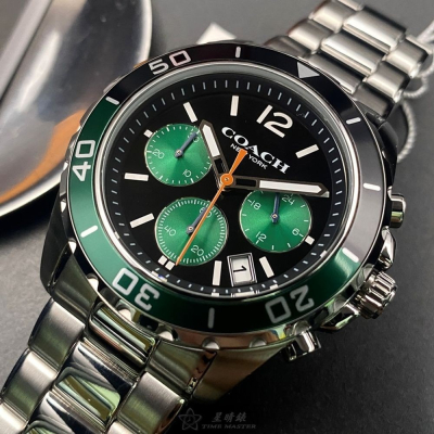 COACH:手錶,型號:CH00118,男錶44mm墨綠色錶殼黑色錶面精鋼錶帶款