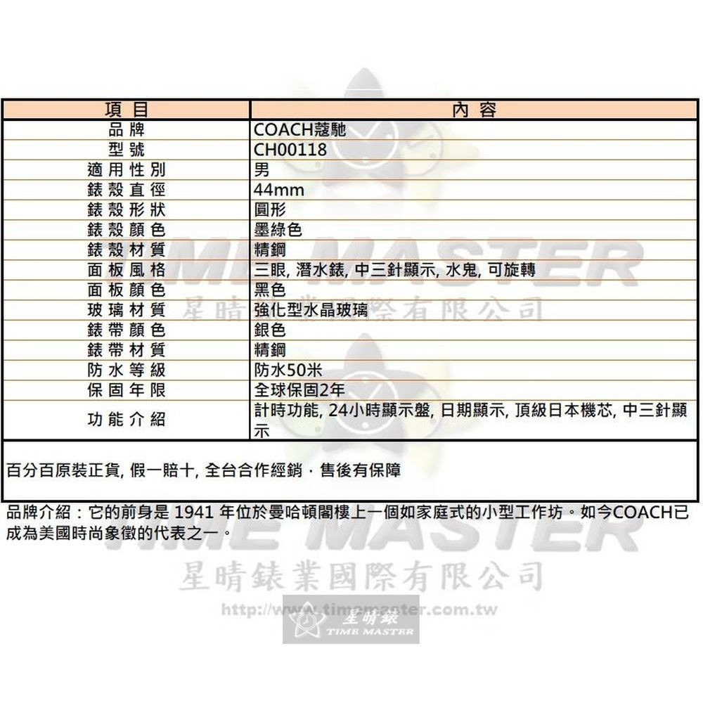 COACH:手錶,型號:CH00118,男錶44mm墨綠色錶殼黑色錶面精鋼錶帶款-細節圖10