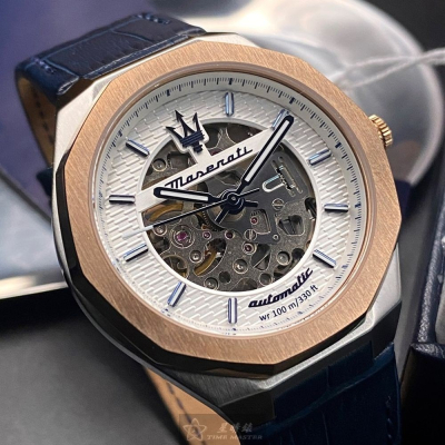 MASERATI:手錶,型號:R8821142001,男女通用錶42mm金色錶殼白色機械鏤空錶面真皮皮革錶帶款
