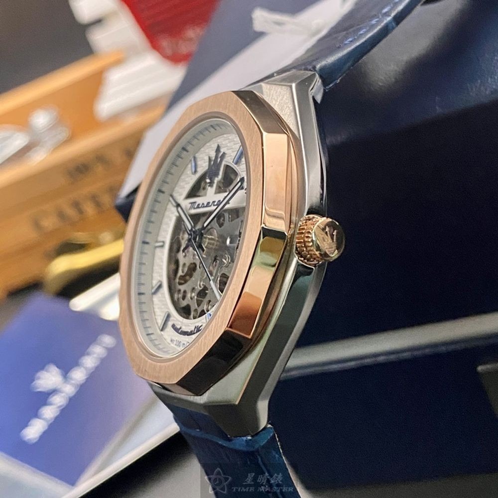 MASERATI:手錶,型號:R8821142001,男女通用錶42mm金色錶殼白色機械鏤空錶面真皮皮革錶帶款-細節圖5