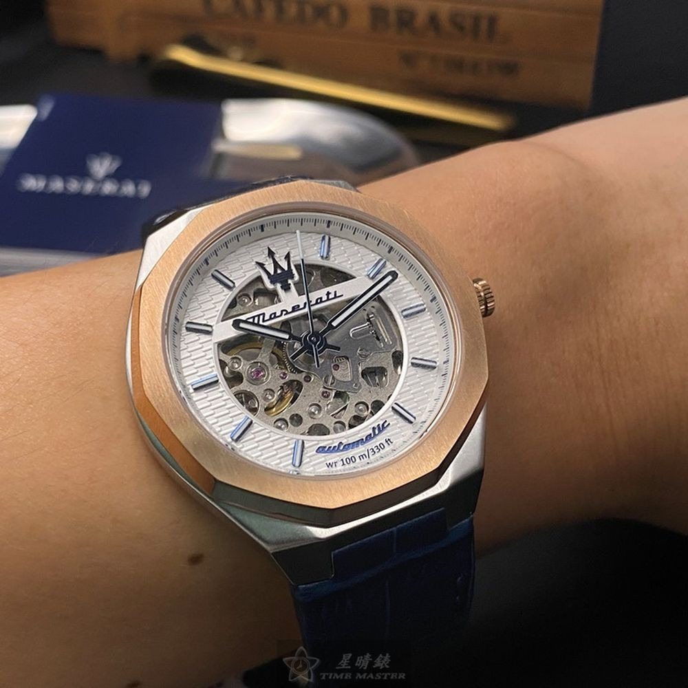 MASERATI:手錶,型號:R8821142001,男女通用錶42mm金色錶殼白色機械鏤空錶面真皮皮革錶帶款-細節圖8