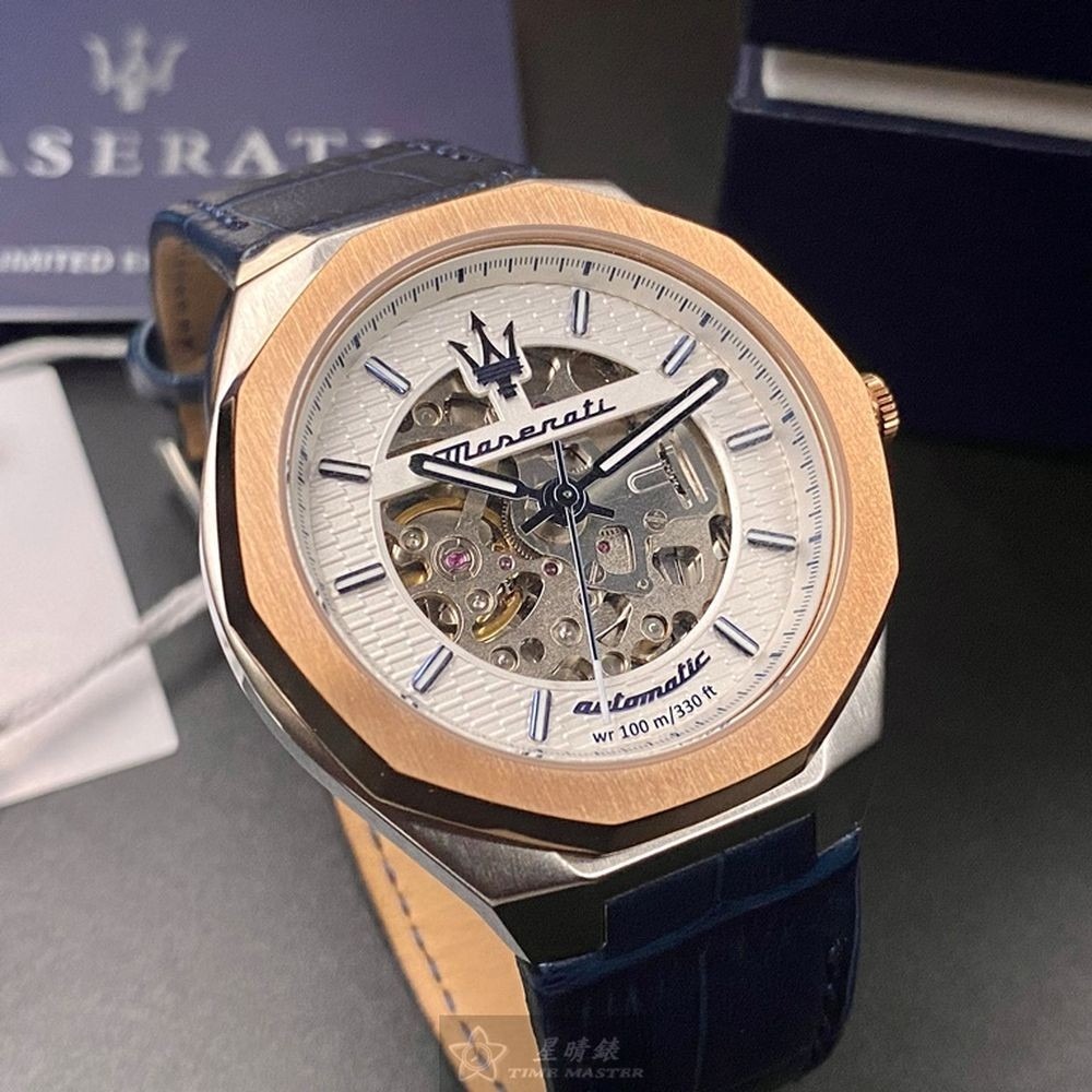 MASERATI:手錶,型號:R8821142001,男女通用錶42mm金色錶殼白色機械鏤空錶面真皮皮革錶帶款-細節圖9