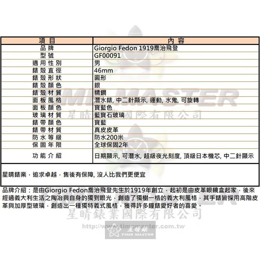 GiorgioFedon1919:手錶,型號:GF00091,男錶46mm銀錶殼寶藍色錶面真皮皮革錶帶款-細節圖10