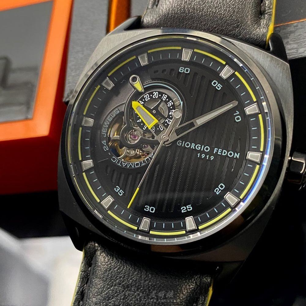 GiorgioFedon1919:手錶,型號:GF00095,男錶42mm黑錶殼黑色機械鏤空錶面真皮皮革錶帶款-細節圖8