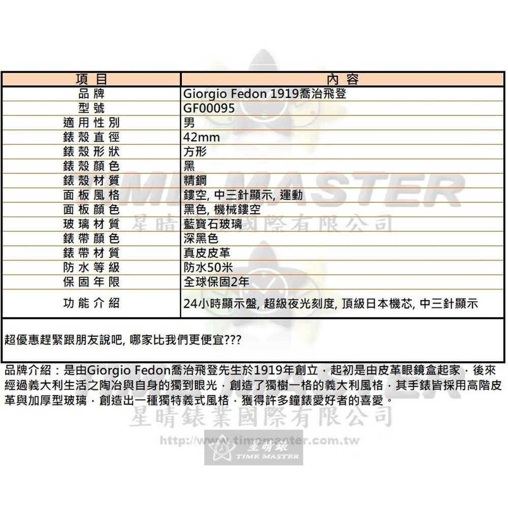 GiorgioFedon1919:手錶,型號:GF00095,男錶42mm黑錶殼黑色機械鏤空錶面真皮皮革錶帶款-細節圖10