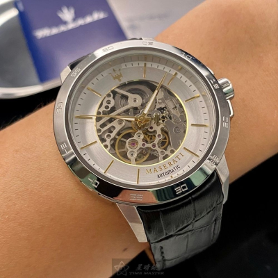 MASERATI:手錶,型號:R8821119002,男錶46mm銀錶殼白色雙面機械鏤空錶面真皮皮革錶帶款