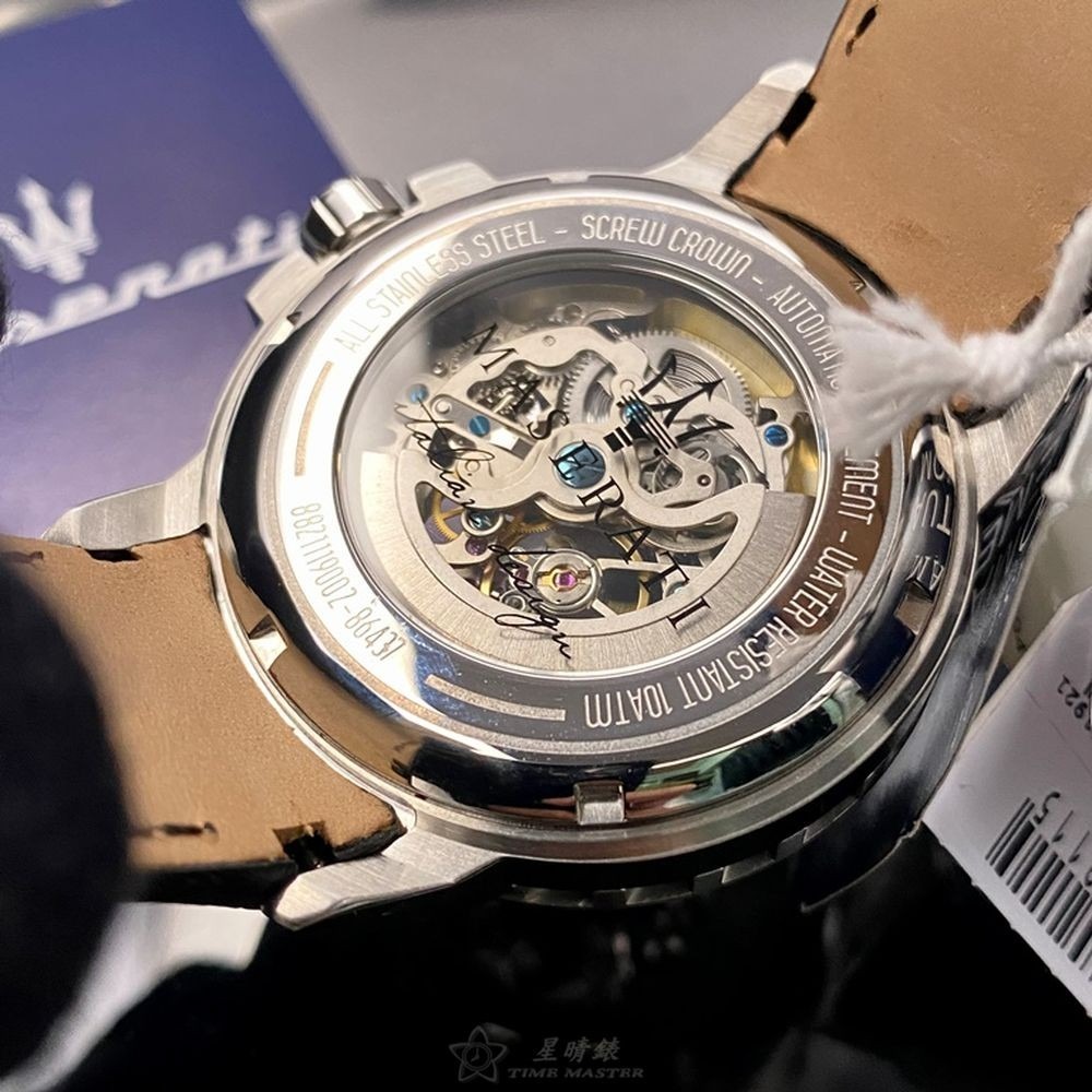 MASERATI:手錶,型號:R8821119002,男錶46mm銀錶殼白色雙面機械鏤空錶面真皮皮革錶帶款-細節圖4