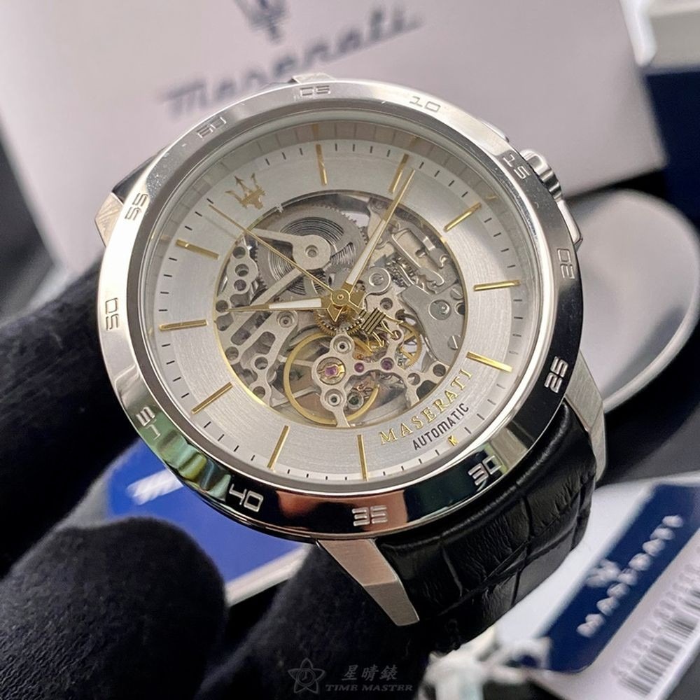 MASERATI:手錶,型號:R8821119002,男錶46mm銀錶殼白色雙面機械鏤空錶面真皮皮革錶帶款-細節圖7