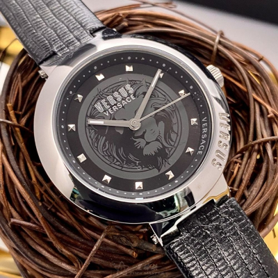 VERSUS VERSACE:手錶,型號:VV00321,女錶36mm銀錶殼黑色錶面真皮皮革錶帶款
