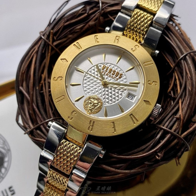VERSUS VERSACE:手錶,型號:VV00322,女錶34mm金色錶殼白色幾何立體圖形錶面精鋼錶帶款